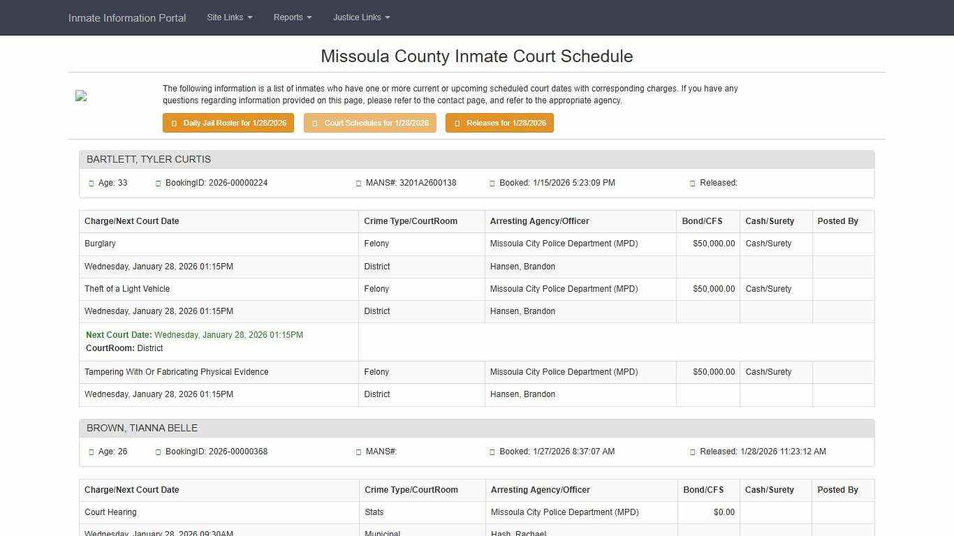 Missoula County Inmate Court Schedule - Missoula County Inmate Information Portal